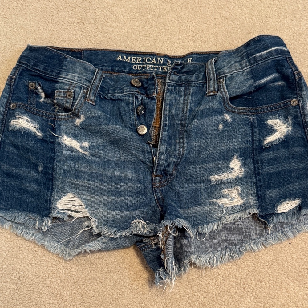 American Eagle Outfitters Women's Dark Blue Distressed Jean Shorts
